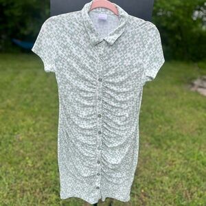 Green Patterned Button-Up Collared Dress